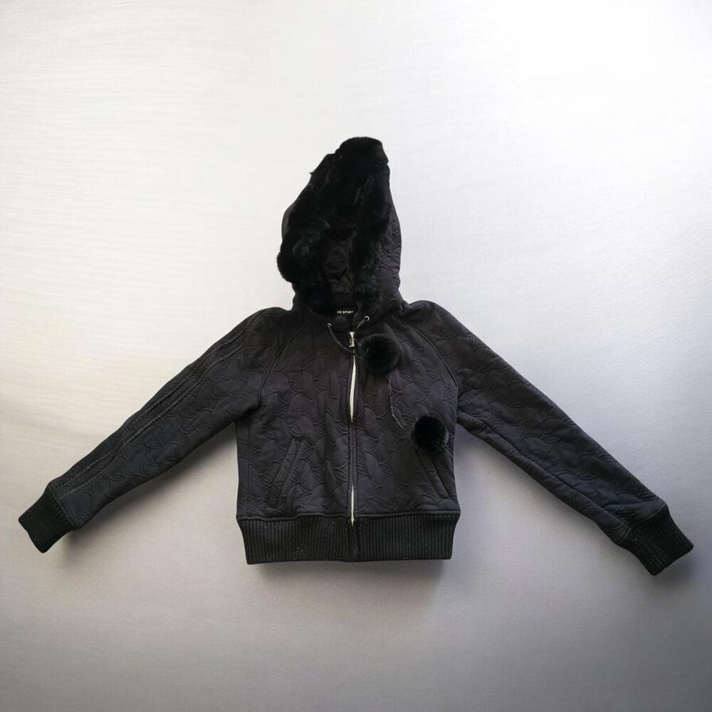 Bebe Sport Y2K Quilted Bomber Jacket Faux Fur Hood Pom Poms Black Womens Small